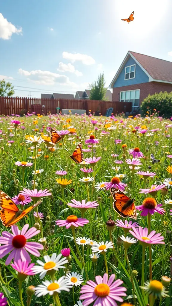 19 Stunning Large Backyard Layout Ideas to Transform Your Outdoor Space 12 Vibrant wildflower meadow with butterflies and a sunny sky in a backyard setting