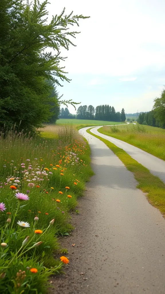 21 Stunning Long Driveway Landscaping Ideas You’ll Love 17 A winding driveway surrounded by a wildflower meadow with colorful flowers and lush greenery.
