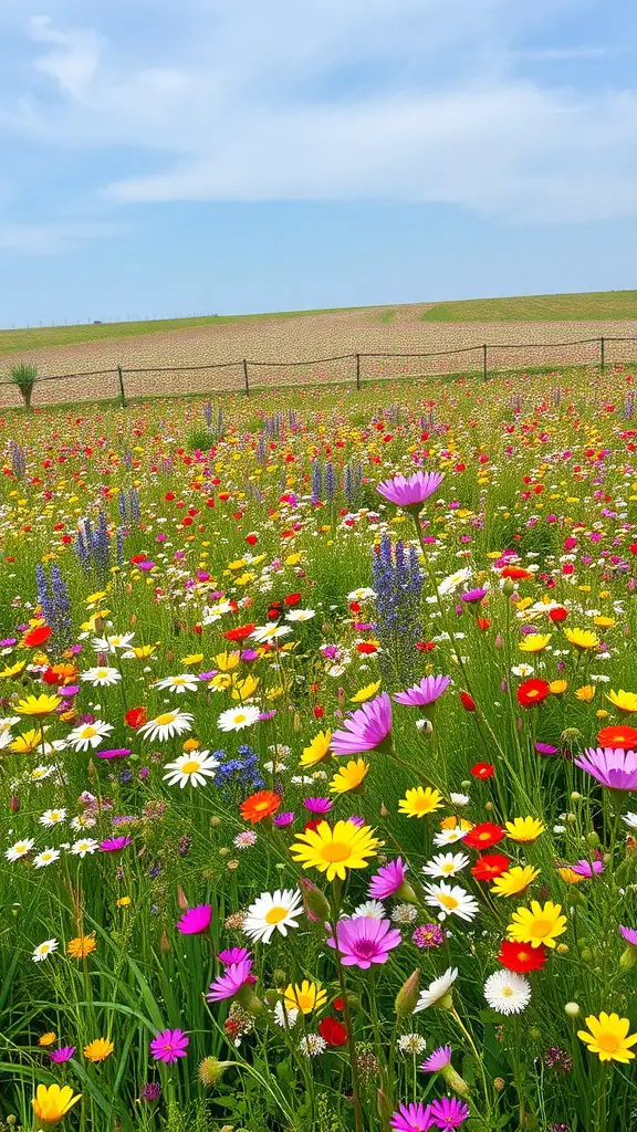 A vibrant wildflower meadow filled with colorful flowers under a blue sky.