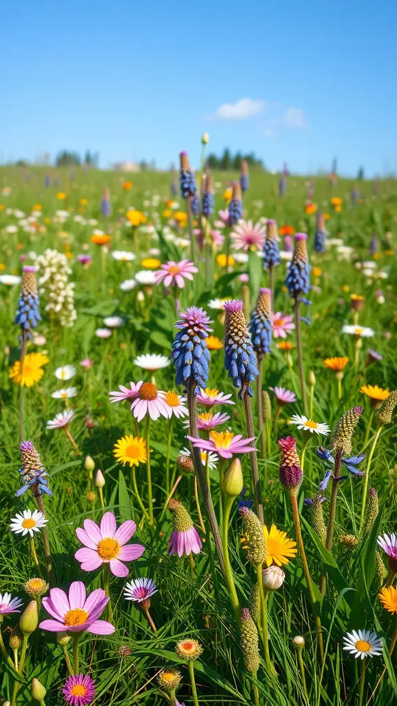 19 Stunning Floral Garden Ideas Featuring Beautiful Bulbs 13 A vibrant wildflower meadow showcasing a variety of blooms under a clear blue sky.