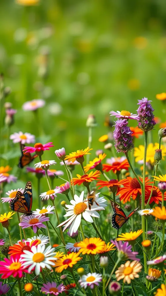 A colorful wildflower patch with butterflies and bees, showcasing vibrant flowers like daisies and reds.