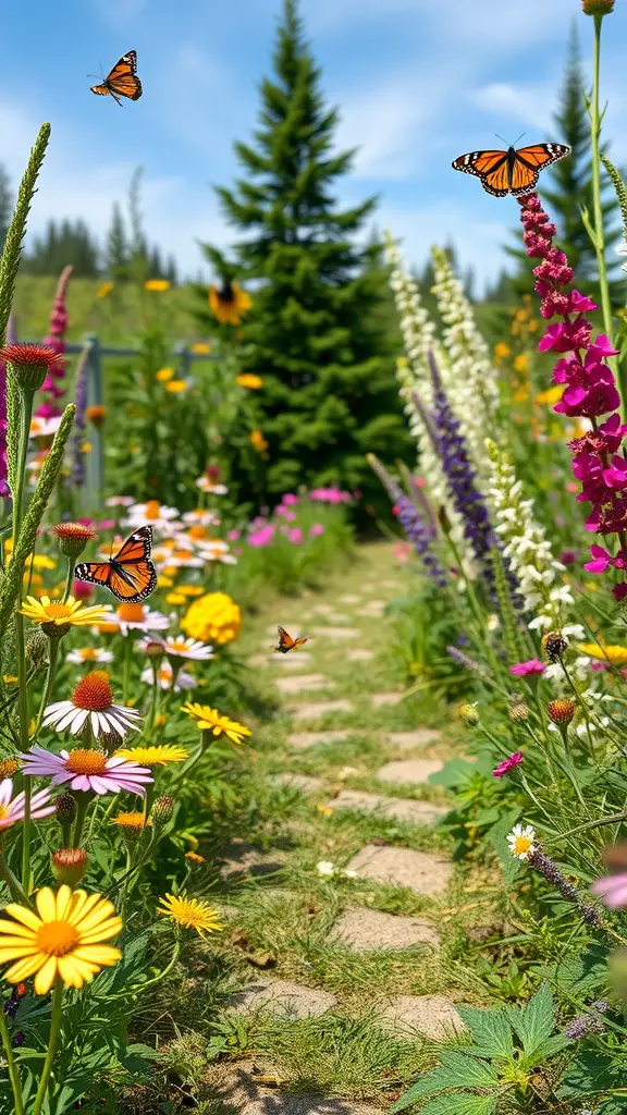 21 Stunning Pathway Landscaping Ideas to Enhance Your Outdoor Space 17 A vibrant wildflower trail lined with colorful flowers and butterflies, featuring a cobblestone pathway