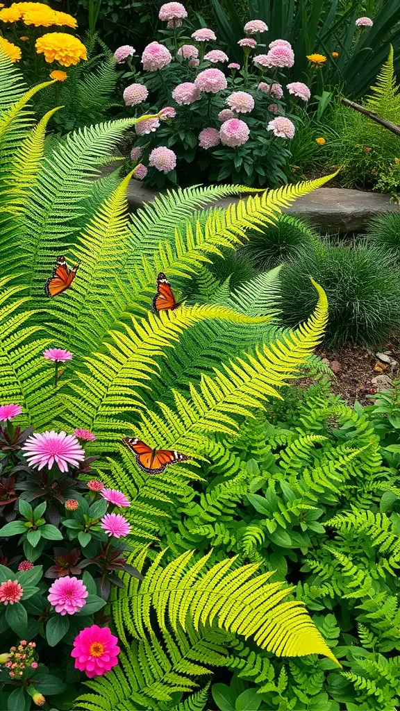 15 Creative Fern Garden Ideas for a Lush Outdoor Retreat 17 A vibrant wildlife-friendly fern garden featuring lush green ferns, pink flowers, and butterflies.