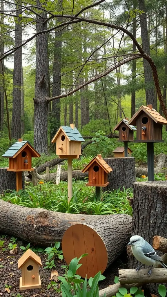 15 Inspiring Forest Garden Ideas for Your Outdoor Space 8 A collection of wooden birdhouses in a forest garden surrounded by greenery and logs.
