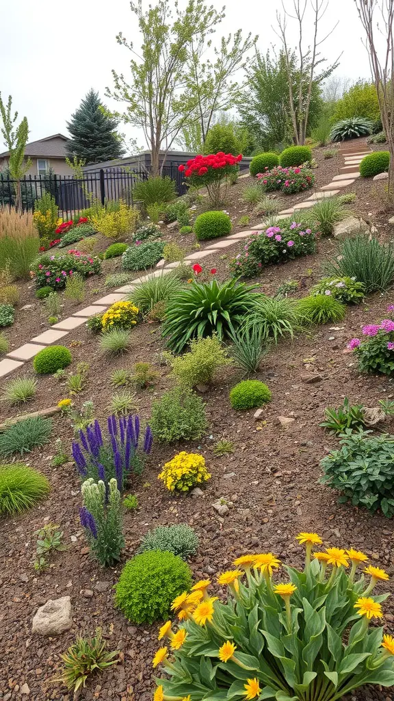 21 Creative Sloped Backyard Landscaping Ideas You’ll Love 16 Vibrant sloped backyard garden with colorful flowers and greenery.