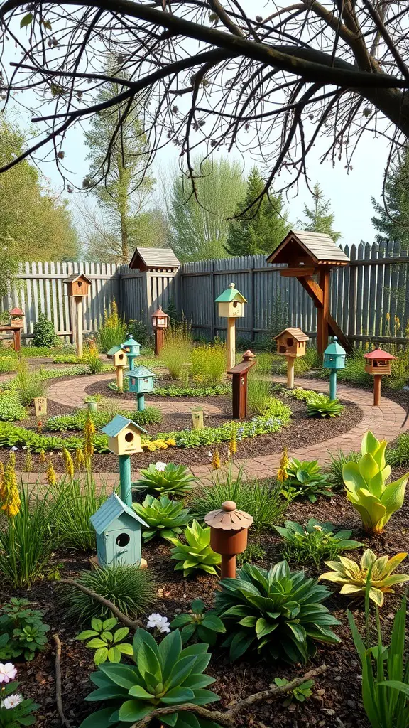 15 Stunning Labyrinth Garden Ideas for Your Outdoor Space 17 A circular garden maze featuring colorful birdhouses, lush plants, and winding paths.