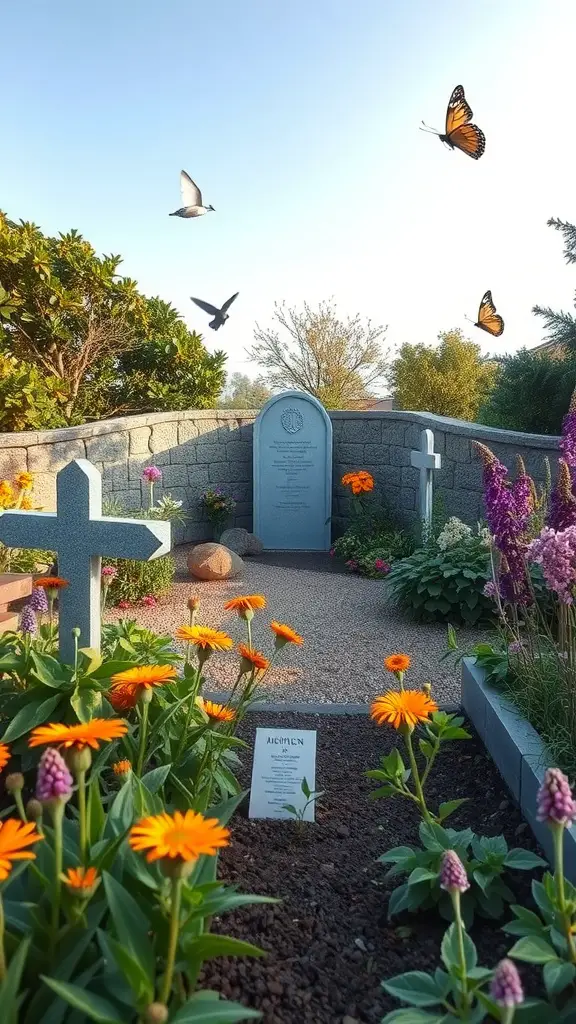 A vibrant memorial garden with orange flowers, purple plants, and butterflies, creating a wildlife-friendly space.