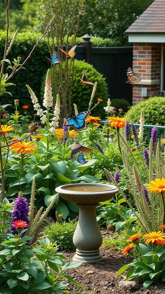 A beautiful garden with colorful flowers and butterflies near a birdbath