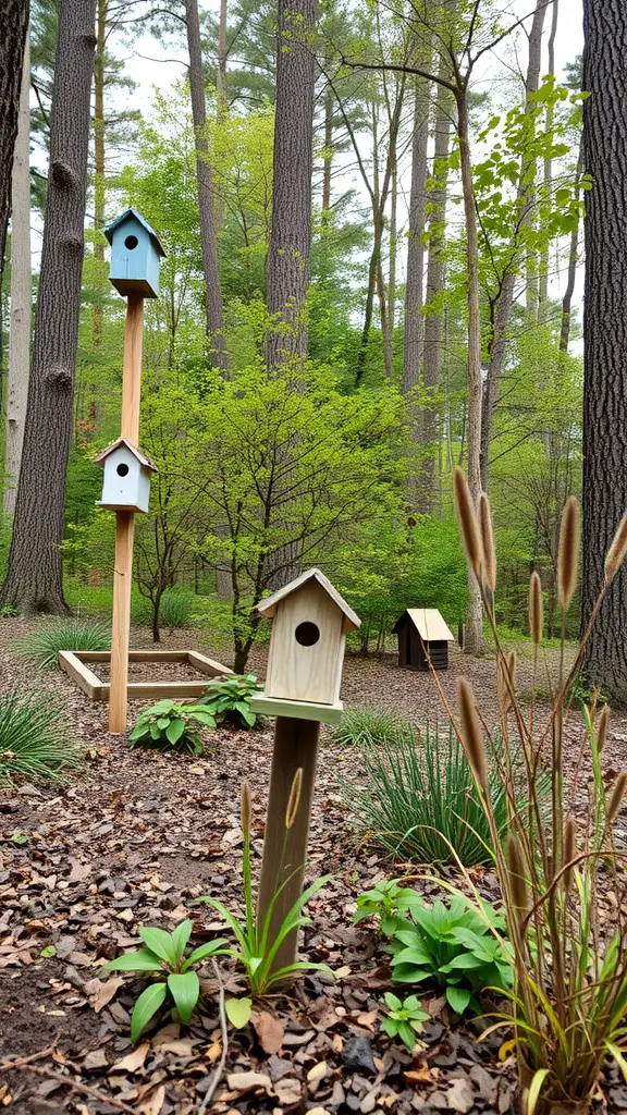 17 Beautiful Wooded Backyard Landscape Ideas to Transform Your Space 12 A wooded backyard scene with several birdhouses and greenery.