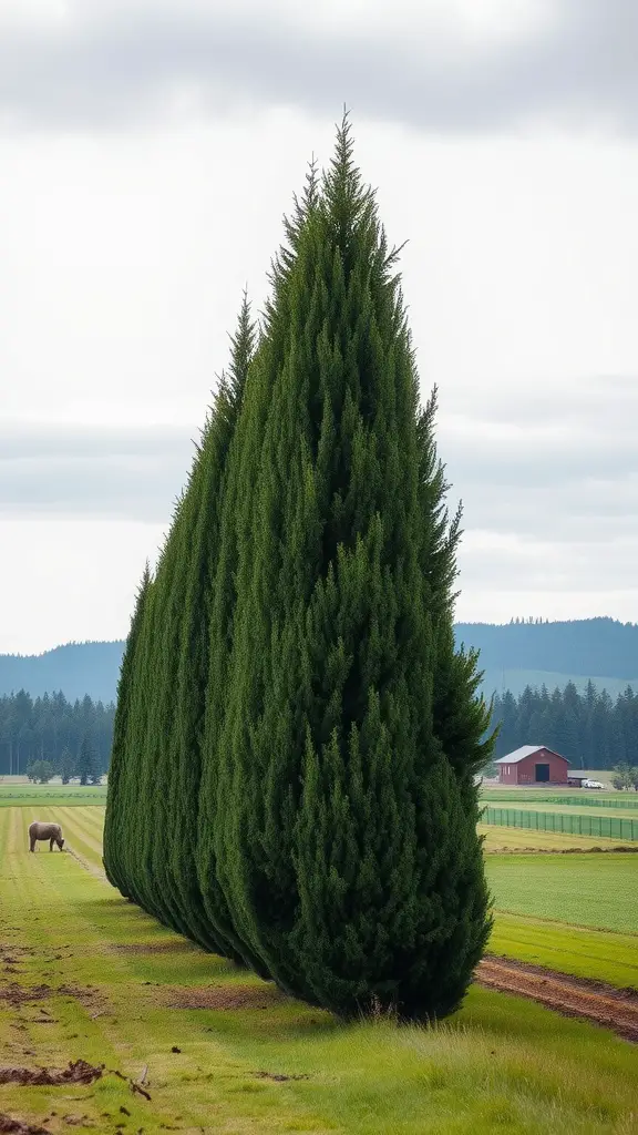A row of tall evergreen trees forming a windbreak in a field.