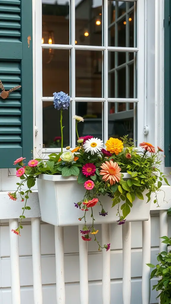 17 Creative Hanging Garden Ideas to Enhance Your Space 17 A colorful window box filled with various flowers, set against green shutters.