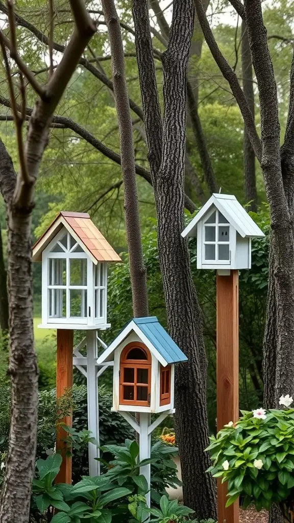 A collection of birdhouses made from upcycled window frames, displayed in a garden setting.