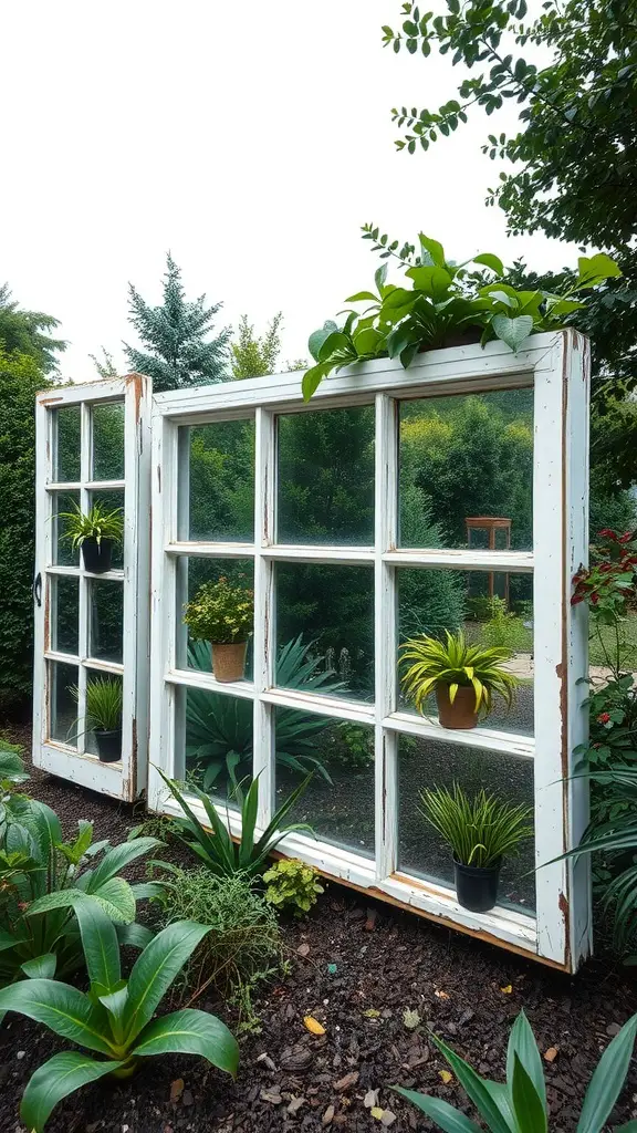 Two upcycled window frames with plants in a garden