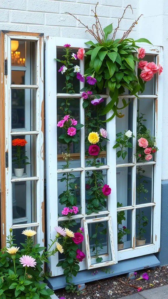 Vertical garden made from an upcycled window frame with various colorful flowers.