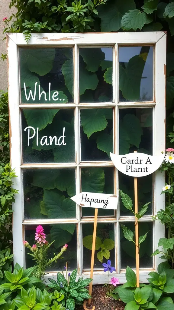 An upcycled window pane used as garden signage with plants and whimsical messages.