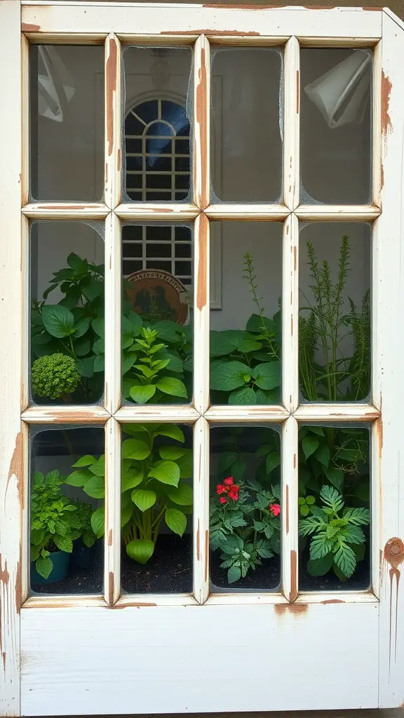 A window pane filled with various herbs and plants, showcasing a charming indoor garden.
