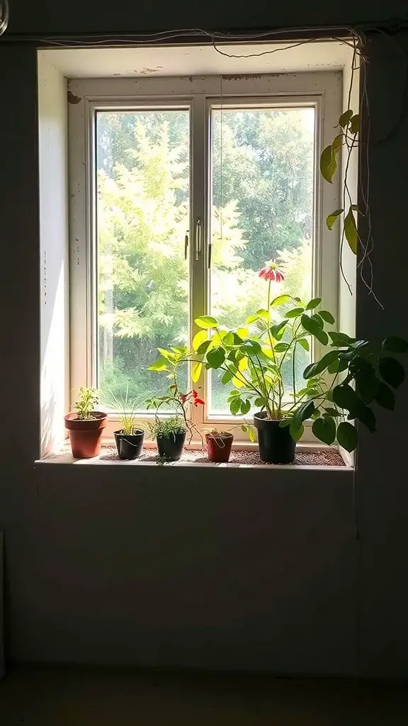 A window sill with various potted plants basking in sunlight