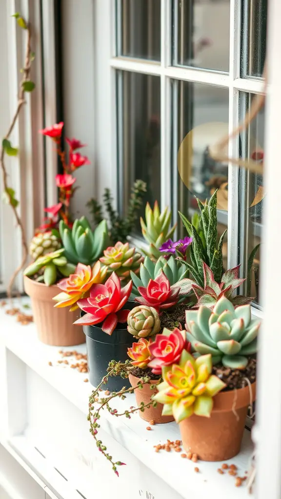 21 Creative Mini Greenhouse Ideas to Maximize Your Gardening Space 4 Colorful succulents arranged on a window sill in various pots.