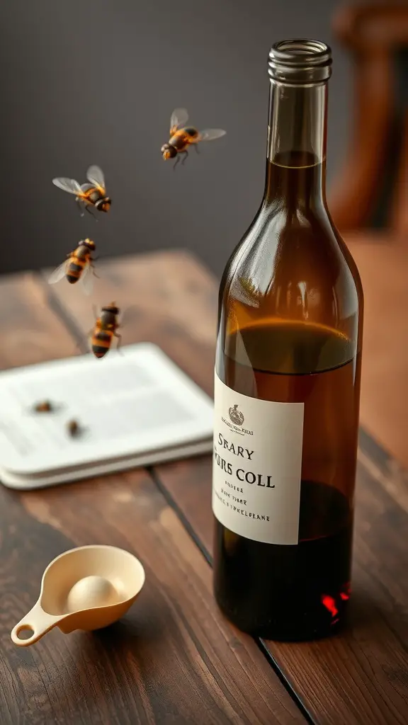 A wine bottle trap for catching fruit flies, with flies hovering around.