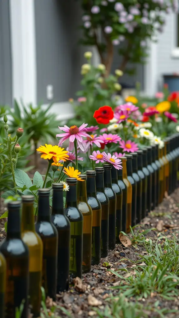 15 Creative Repurposed Items to Transform Your Garden 9 A row of wine bottles used as garden edging with colorful flowers in the background.