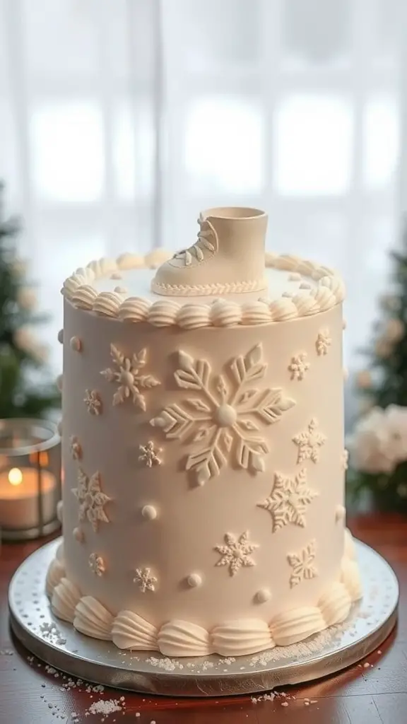 23 Creative Baby Shower Ideas for December Celebrations 9 A beautifully designed winter-themed cake featuring snowflakes and an ice skate on top.