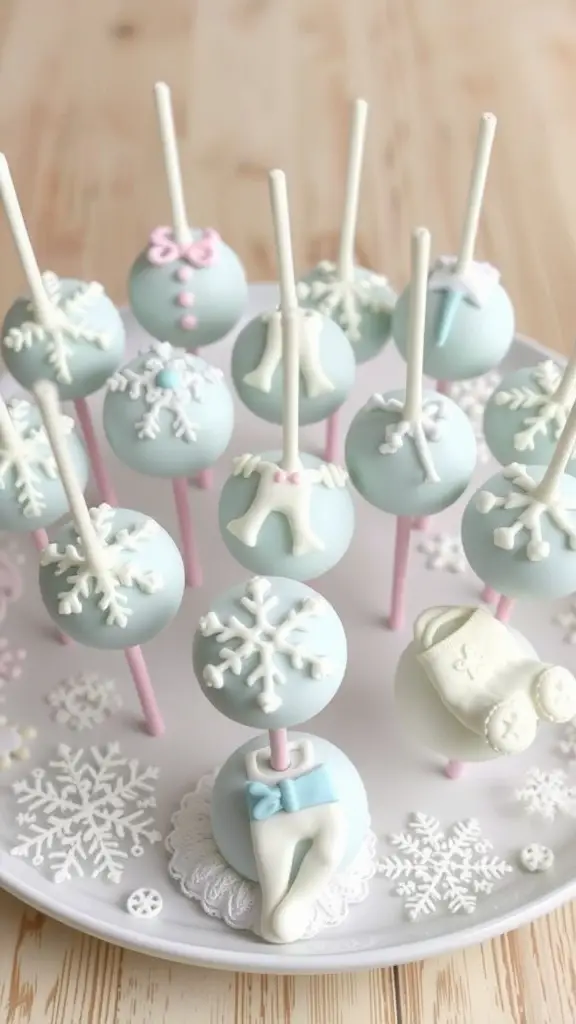 29 Creative Baby Shower Ideas for November Celebrations 7 A plate of winter-themed cake pops decorated with snowflakes, snowmen, and little boots.