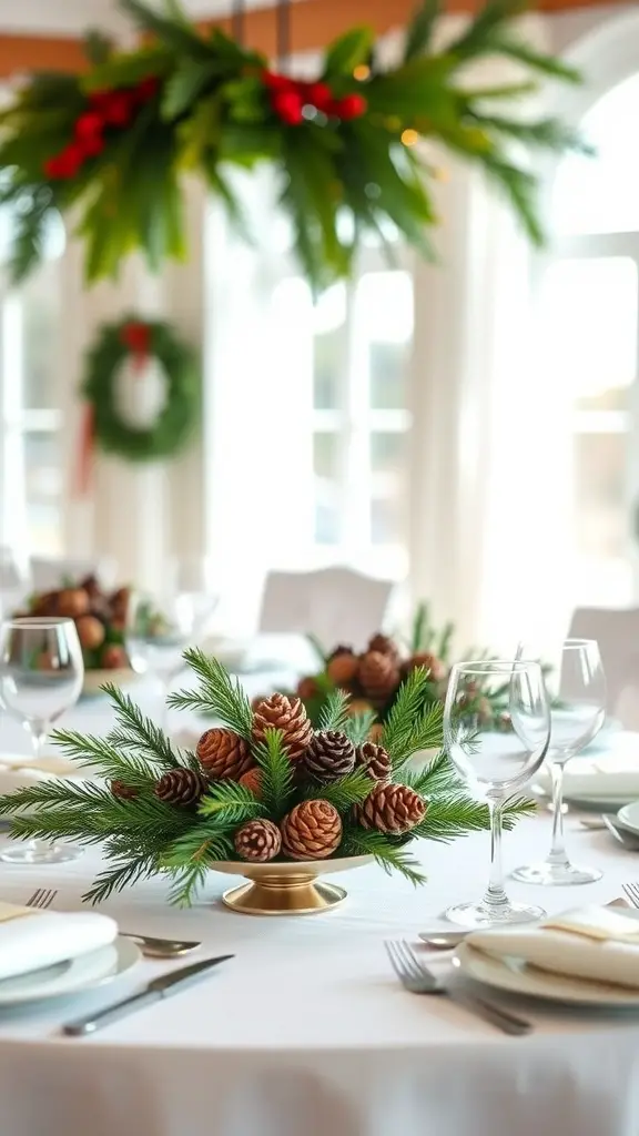 21 Creative Christmas Baby Shower Ideas You’ll Love 14 A winter-themed table centerpiece with pinecones and greenery, featuring elegant glassware and a cozy atmosphere.