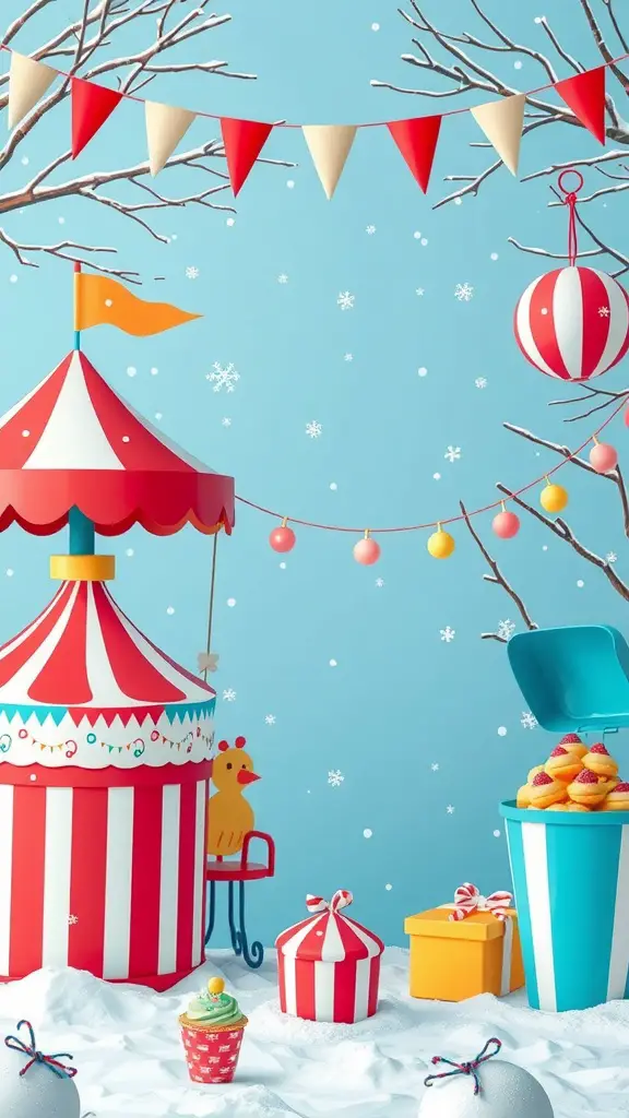 A whimsical winter carnival theme with festive decorations and snow accents.