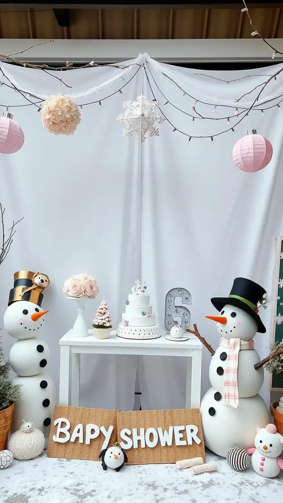 Decorative setup for a Winter One-derland baby shower, featuring snowmen and a cake.