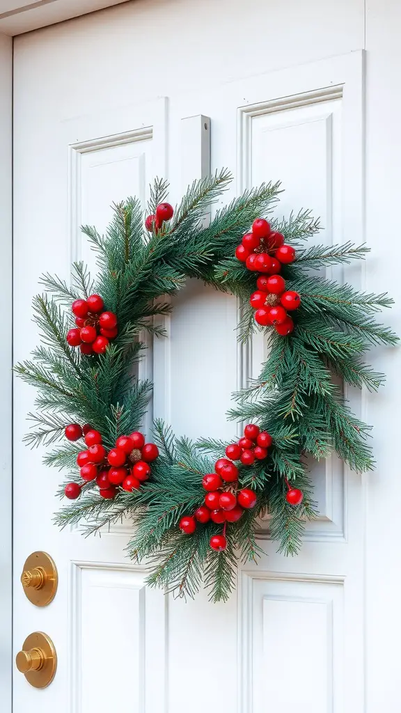 13 Stunning DIY Wreaths to Welcome You Home 5 A Winter Pine and Berry Wreath featuring green pine branches and bright red berries on a white door.