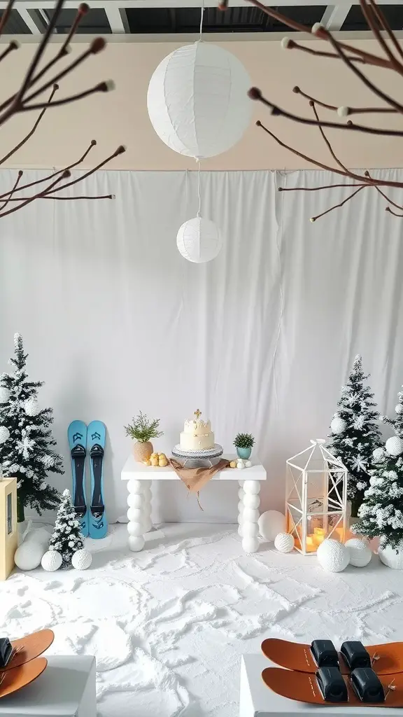 A cozy winter sports adventure setting for a baby shower.