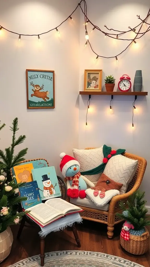29 Creative Baby Shower Ideas for November Celebrations 13 A cozy winter storytime corner featuring a rattan chair with plush pillows, children's books, and festive decorations.