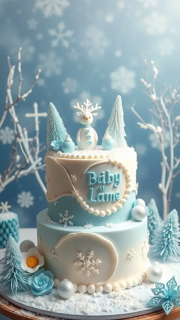 21 Creative Christmas Baby Shower Ideas You’ll Love 6 A winter-themed two-tiered cake decorated with snowflakes, a snowman, and frosty trees, set against a snowy backdrop.