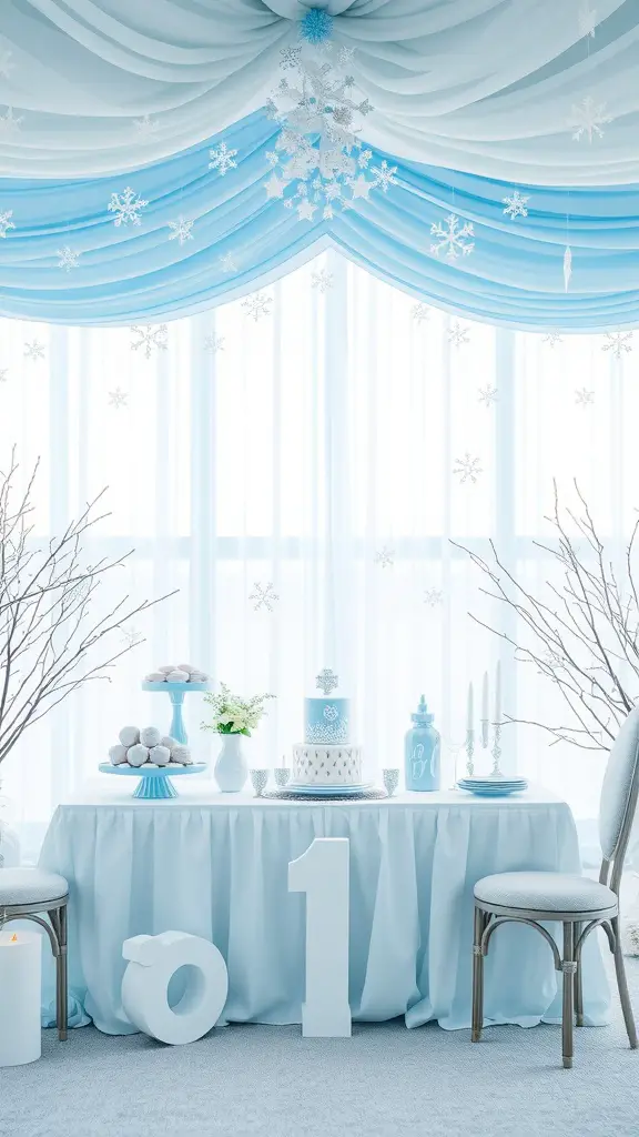 23 Creative Baby Shower Ideas for December Celebrations 7 A beautifully arranged table for a Winter Wonderland themed baby shower, featuring blue and white decor with snowflakes, a cake, and treats.