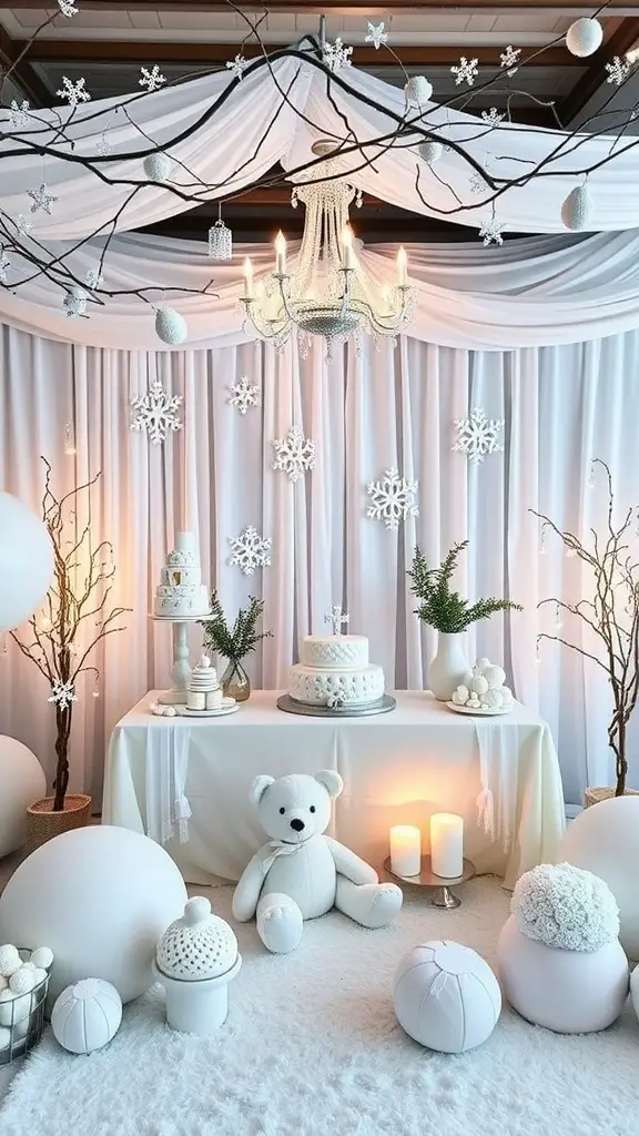 29 Creative Baby Shower Ideas for November Celebrations 5 Winter Wonderland baby shower setup with white decorations, a chandelier, and snowflake motifs.