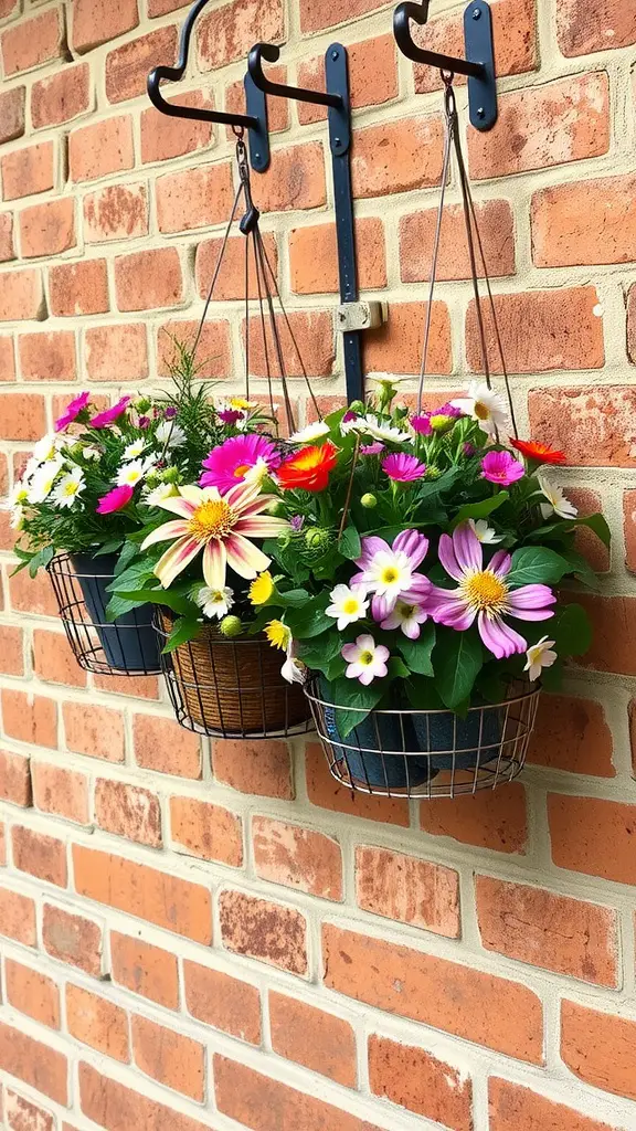 17 Creative Hanging Garden Ideas to Enhance Your Space 8 Three colorful wire baskets filled with flowers hanging on a brick wall.