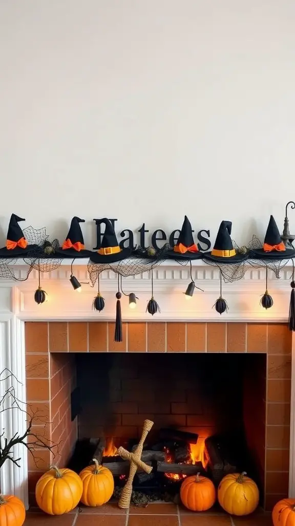 Witch hat garland hanging above a fireplace with pumpkins in front