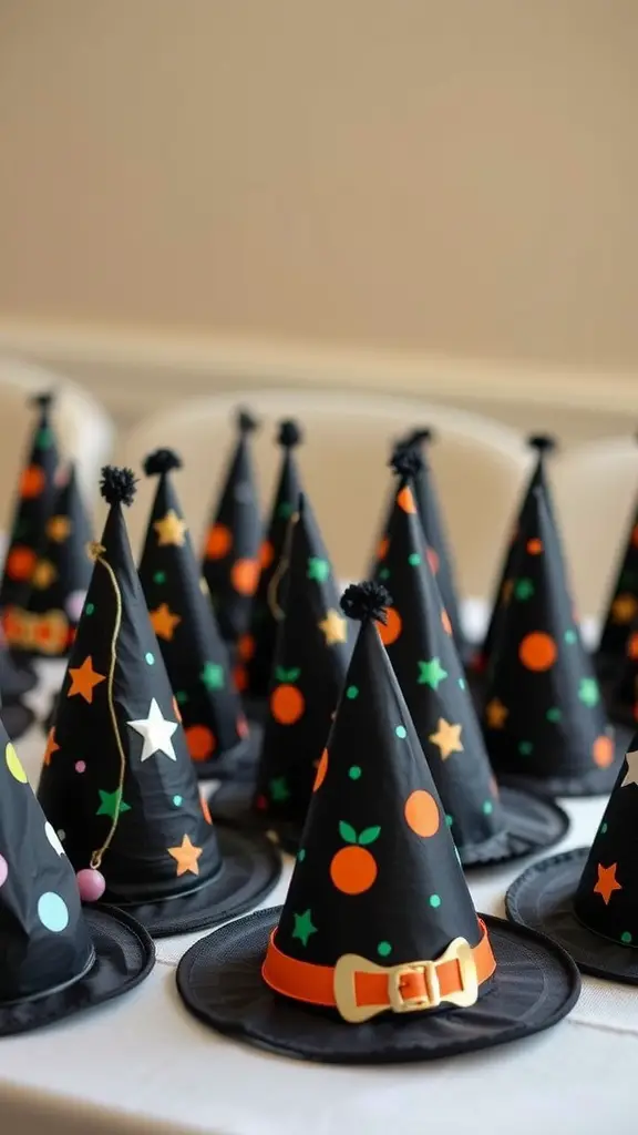 19 Creative Halloween Baby Shower Ideas to Spook Up Your Celebration 2 Colorful witch hats for a Halloween baby shower, decorated with stars and dots.