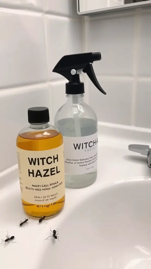 15 Effective DIY Indoor Ant Repellents You Can Make at Home 12 A bottle of witch hazel next to a spray bottle, with a few ants on a bathroom sink.