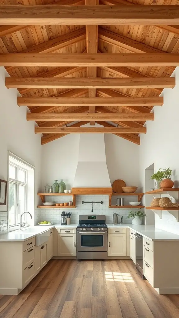 A kitchen featuring wooden beams enhancing the ceiling height, creating a warm and inviting atmosphere.