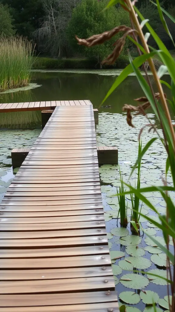 21 Stunning Pathway Landscaping Ideas to Enhance Your Outdoor Space 6 A wooden boardwalk extending over a tranquil pond surrounded by tall grasses and lily pads.