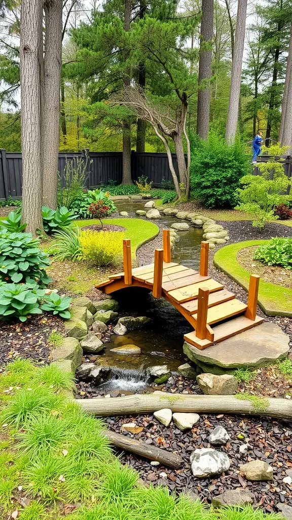 17 Beautiful Wooded Backyard Landscape Ideas to Transform Your Space 11 A wooden bridge crossing a small stream in a colorful garden with lush greenery.