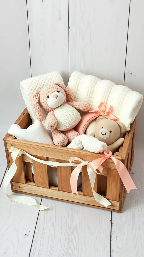 29 Adorable Baby Shower Centerpiece Ideas You’ll Love 10 Wooden crate filled with baby essentials including blankets and stuffed animals.