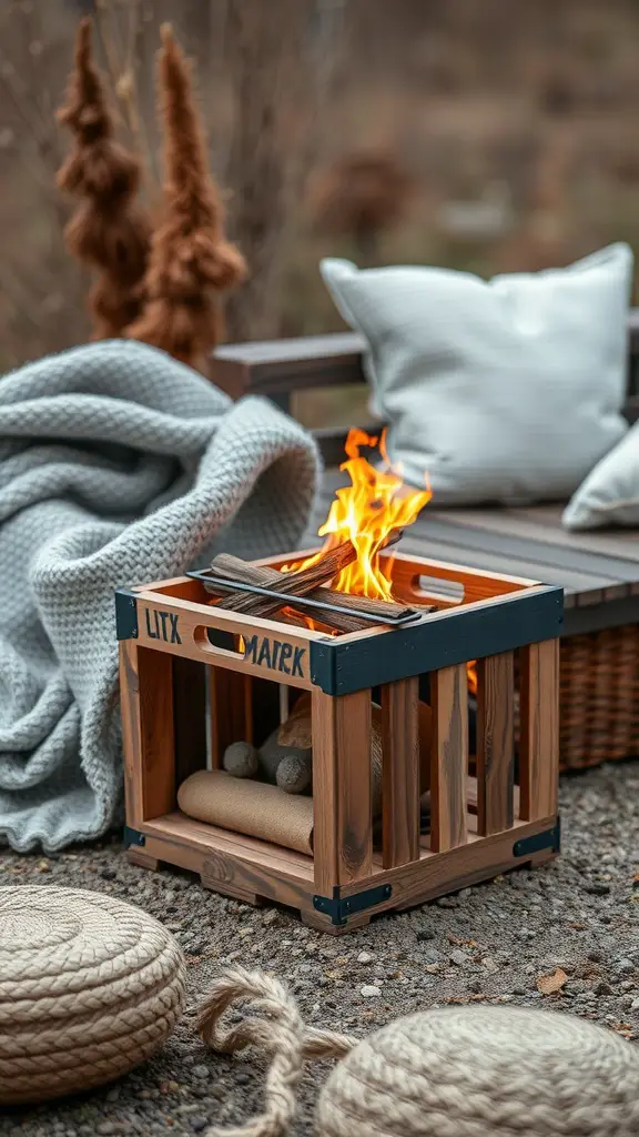 A cozy wooden crate fire pit stand with flames, surrounded by a blanket and cushions.