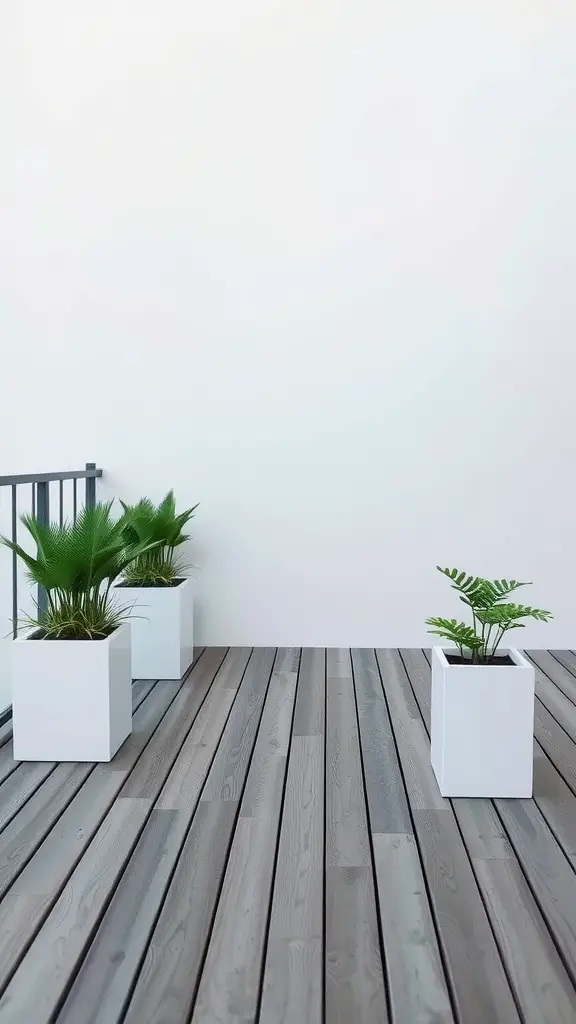 23 Inspiring Minimalist Garden Ideas for a Stylish Outdoor Space 7 A minimalist wooden deck with white planters filled with green plants.