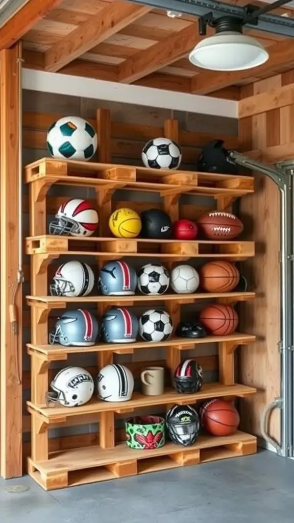 Wooden pallet storage unit filled with various sports balls and helmets in a garage.