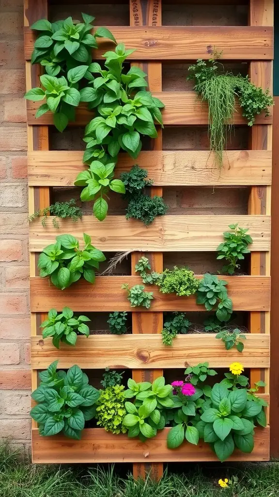 15 Creative Repurposed Items to Transform Your Garden 6 Vertical garden made from wooden pallets with various herbs and plants