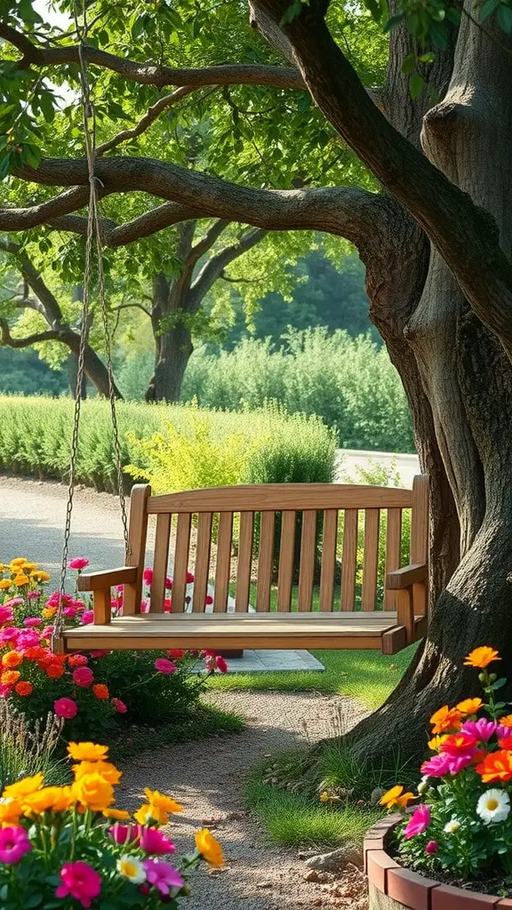 13 Cozy Garden Reading Nook Ideas for Book Lovers 5 A wooden swing hanging from a tree, surrounded by colorful flowers and greenery.