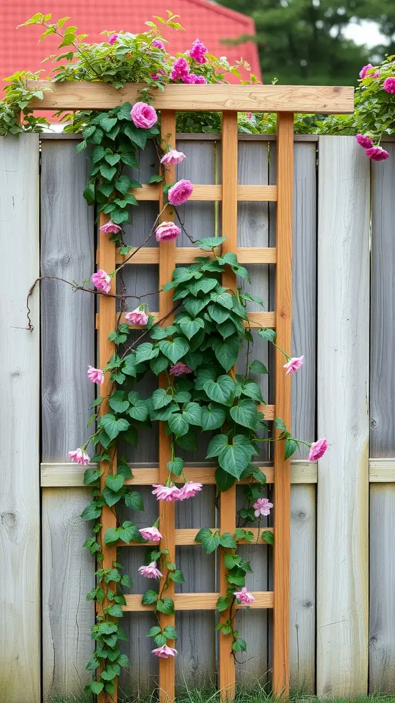 17 Creative Landscaping Ideas for Your Fence Area 15 Wooden trellis with climbing plants and pink flowers against a wooden fence