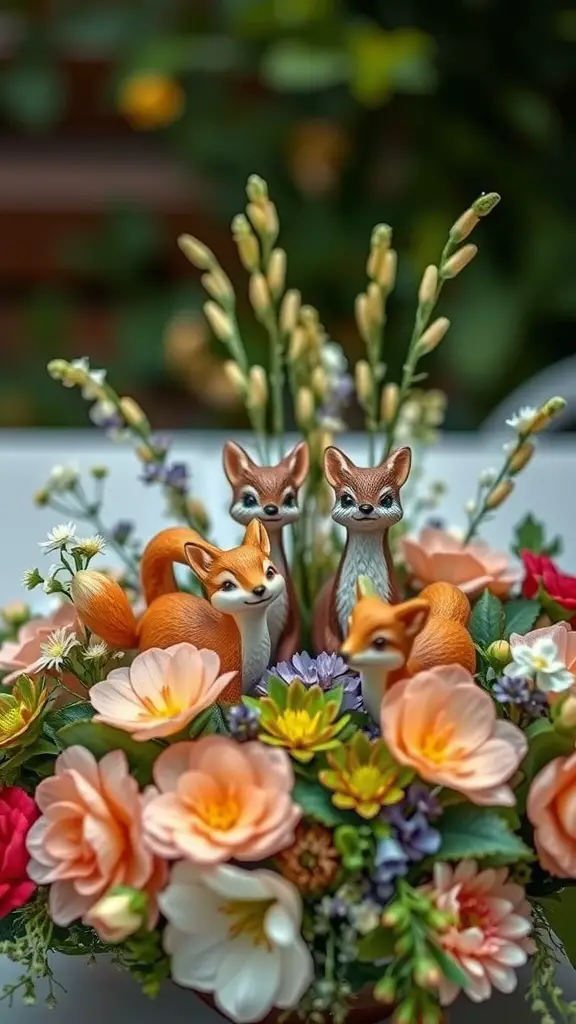A vibrant floral centerpiece featuring orange fox figurines and colorful flowers.